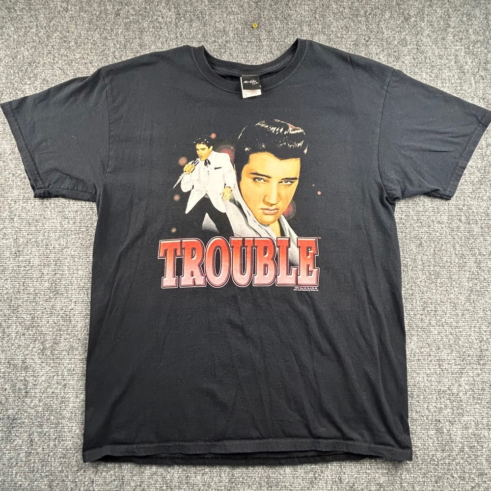 Elvis Presley Trouble Graphic T-Shirt Mens Large Black Jerzees 2015 Rock Band Te